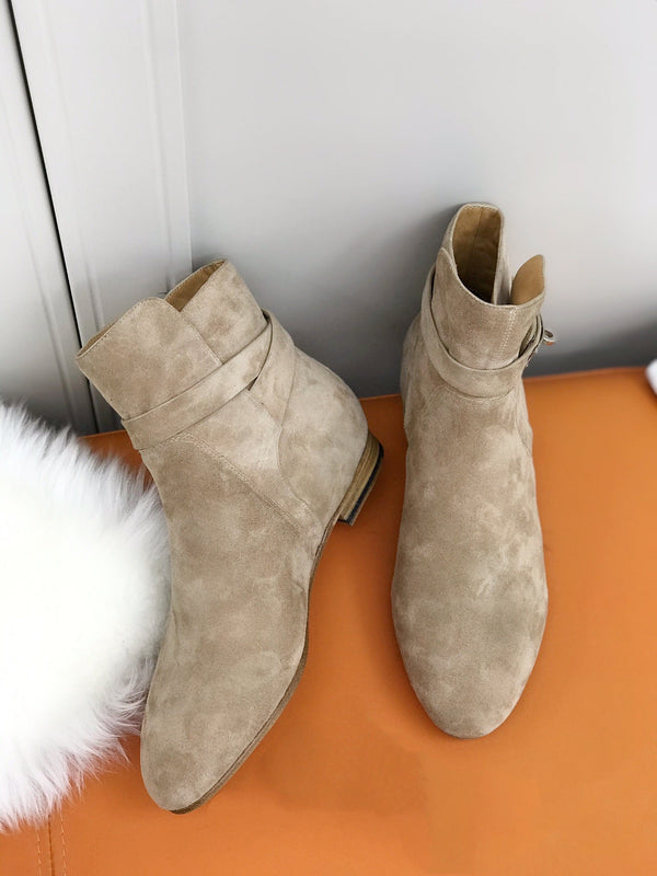 HM 26S Kelly Buckle Neo Ankle Boots 2cm Khaki Suede 112861