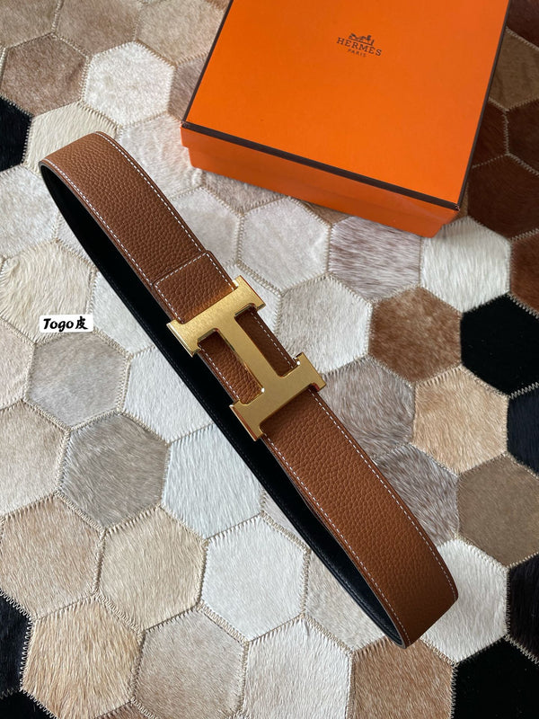 Fibbia per cintura HM CONSTANCE e cinturino reversibile in pelle marrone bronzo, 38 mm, finiture dorate