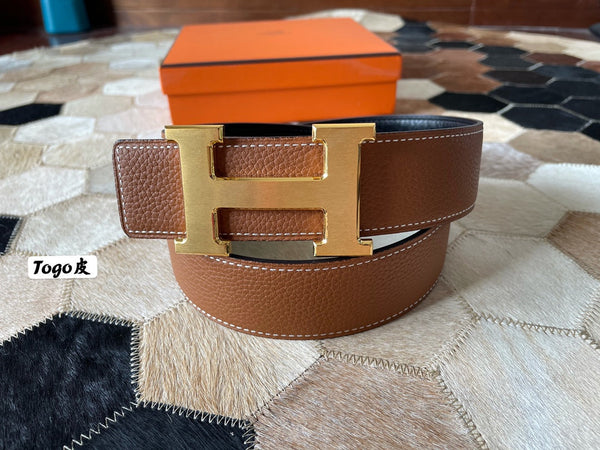Fibbia per cintura HM CONSTANCE e cinturino reversibile in pelle marrone bronzo, 38 mm, finiture dorate