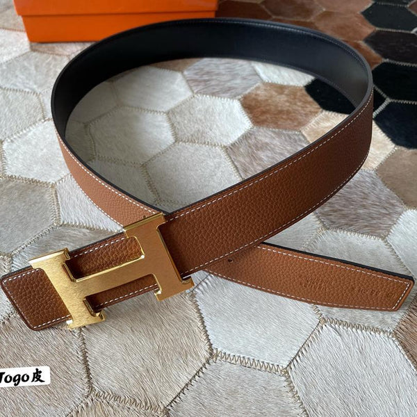 Fibbia per cintura HM CONSTANCE e cinturino reversibile in pelle marrone bronzo, 38 mm, finiture dorate