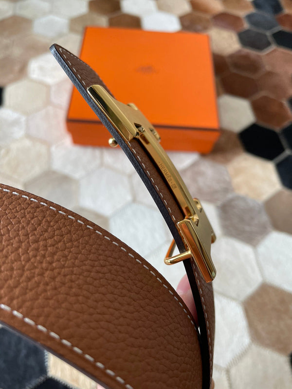 Fibbia per cintura HM CONSTANCE e cinturino reversibile in pelle marrone bronzo, 38 mm, finiture dorate