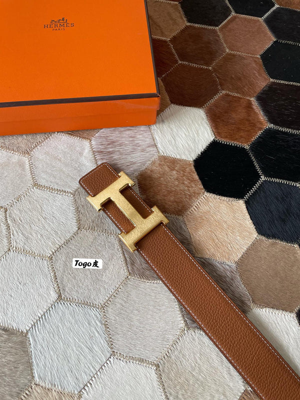 Fibbia per cintura HM CONSTANCE e cinturino reversibile in pelle marrone bronzo, 38 mm, finiture dorate