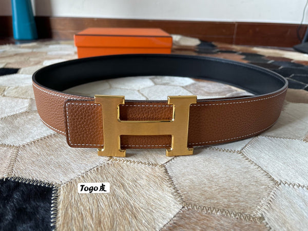 Fibbia per cintura HM CONSTANCE e cinturino reversibile in pelle marrone bronzo, 38 mm, finiture dorate