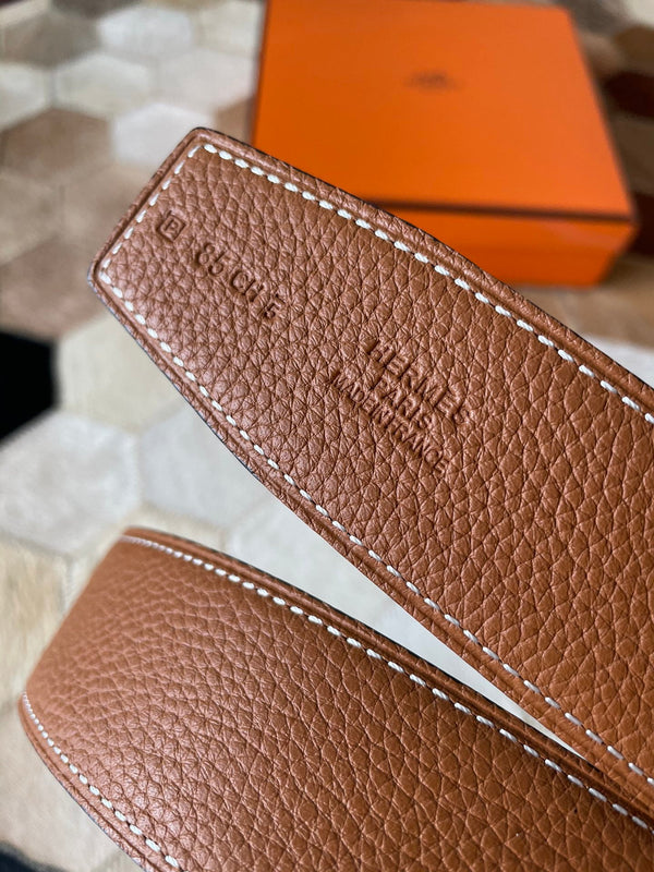 Fibbia per cintura HM CONSTANCE e cinturino reversibile in pelle marrone bronzo, 38 mm, finiture dorate
