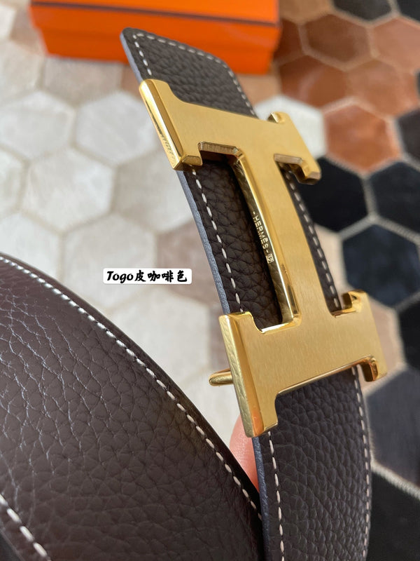 CINTURA HM CONSTANCE CON FIBBIA E CINTURINO REVERSIBILE IN PELLE MARRONE CIOCCOLATO 38 MM FERRAMENTA ORO
