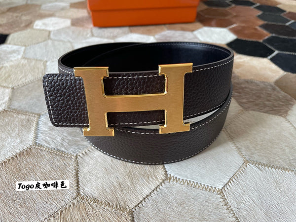 CINTURA HM CONSTANCE CON FIBBIA E CINTURINO REVERSIBILE IN PELLE MARRONE CIOCCOLATO 38 MM FERRAMENTA ORO