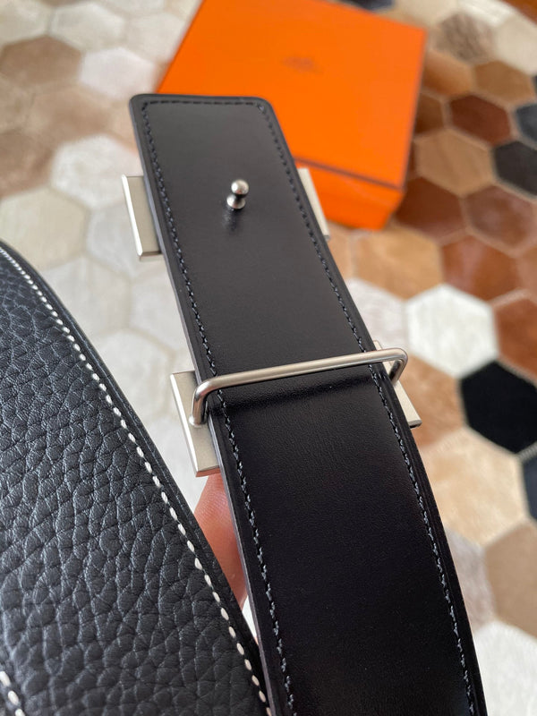 CINTURA HM CONSTANCE CON FIBBIA E CINTURINO REVERSIBILE IN PELLE NERA 38 MM FERRAMENTA IN ARGENTO