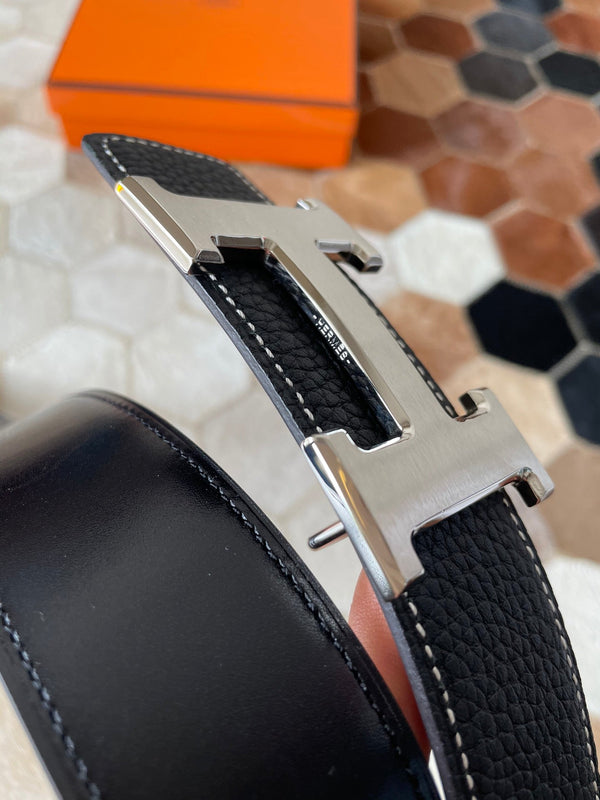 CINTURA HM CONSTANCE CON FIBBIA E CINTURINO REVERSIBILE IN PELLE NERA 38 MM FERRAMENTA IN ARGENTO