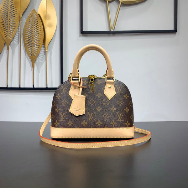 ALMA BB 23 IN TELA MONOGRAM MARRONE E RIFINITURE IN PELLE DI VITELLO BEIGE, FIBBIA ORO