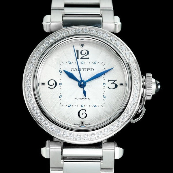 pasha 35mm automatico in acciaio quadrante bianco lunetta con diamanti 