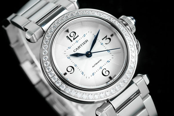 pasha 35mm automatico in acciaio quadrante bianco lunetta con diamanti 