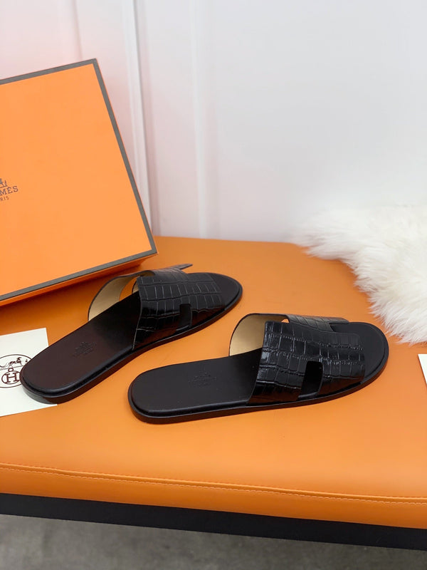 HM IZMIR SANDAL BLACK CROCODILE EMBOSSED CALFSKIN