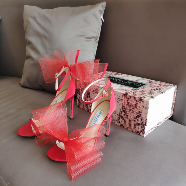 Jimmy Choo 100mm Bow Sandal Red Mesh Cowhide
