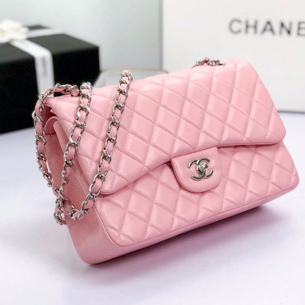 borsa a patta jumbo 30 in pelle di agnello rosa pastello, hardware argento