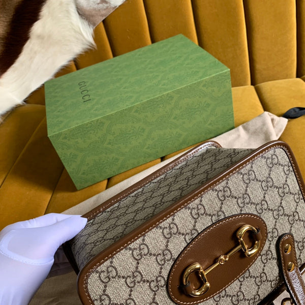 BORSA GG HORSEBIT 1955 MINI 23 IN TELA BEIGE E PELLE DI VITELLO MARRONE