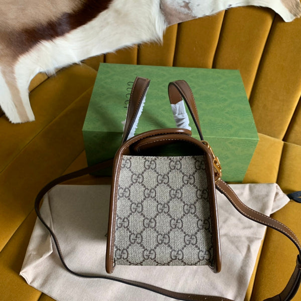 BORSA GG HORSEBIT 1955 MINI 23 IN TELA BEIGE E PELLE DI VITELLO MARRONE