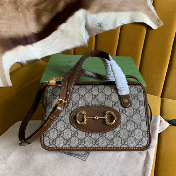 BORSA GG HORSEBIT 1955 MINI 23 IN TELA BEIGE E PELLE DI VITELLO MARRONE