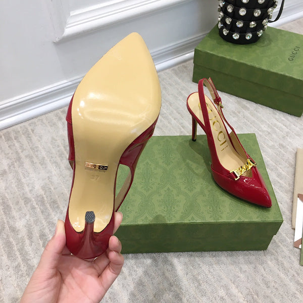 GG SLINGBACK CON TACCO ALTO IN PELLE DI VITELLO RUBINO CON CATENA