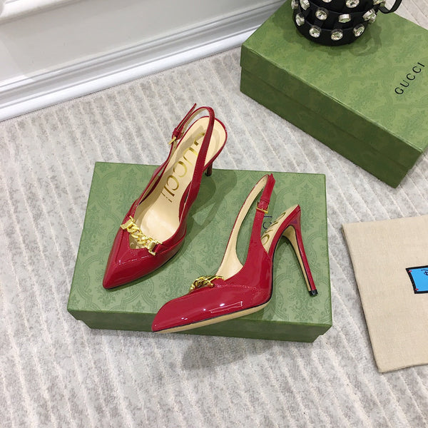 GG SLINGBACK CON TACCO ALTO IN PELLE DI VITELLO RUBINO CON CATENA