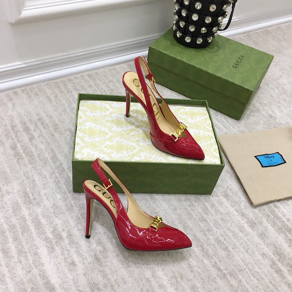 GG SLINGBACK CON TACCO ALTO IN PELLE DI VITELLO RUBINO CON CATENA