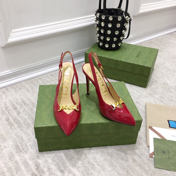 GG SLINGBACK CON TACCO ALTO IN PELLE DI VITELLO RUBINO CON CATENA