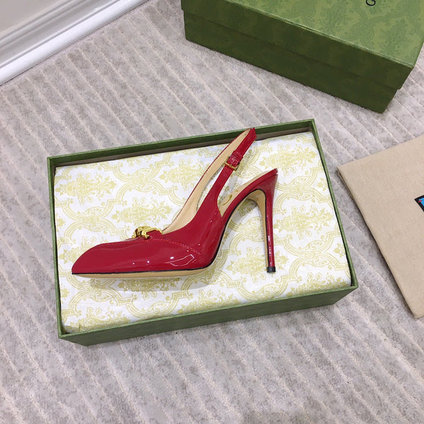 GG SLINGBACK CON TACCO ALTO IN PELLE DI VITELLO RUBINO CON CATENA
