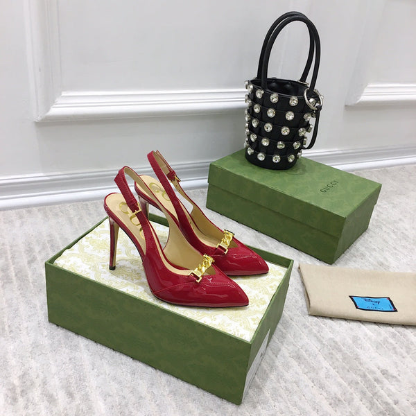 GG SLINGBACK CON TACCO ALTO IN PELLE DI VITELLO RUBINO CON CATENA