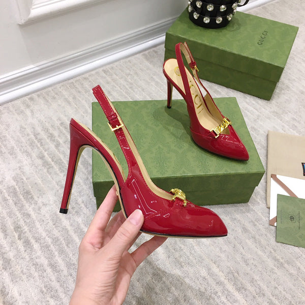 GG SLINGBACK CON TACCO ALTO IN PELLE DI VITELLO RUBINO CON CATENA