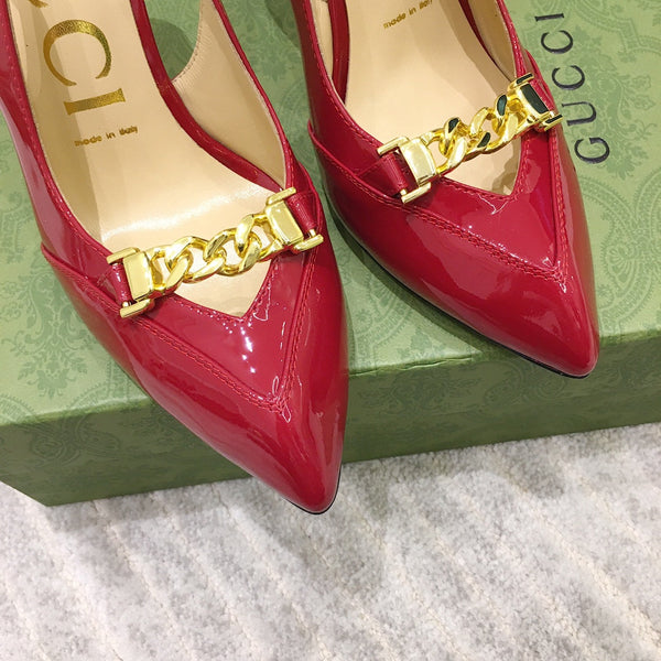 GG SLINGBACK CON TACCO ALTO IN PELLE DI VITELLO RUBINO CON CATENA