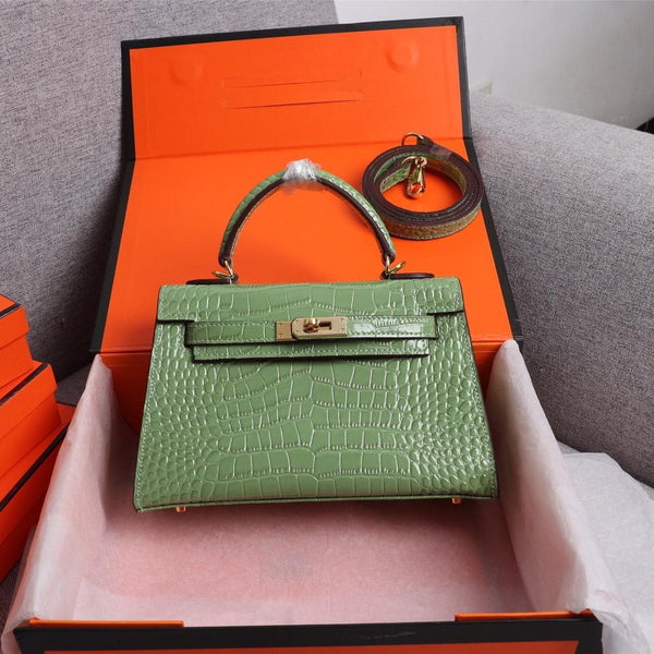 HM KELLY MINI 22 PICKLE CROCODILE EMBOSSED CALFSKIN GOLD HARDWARE