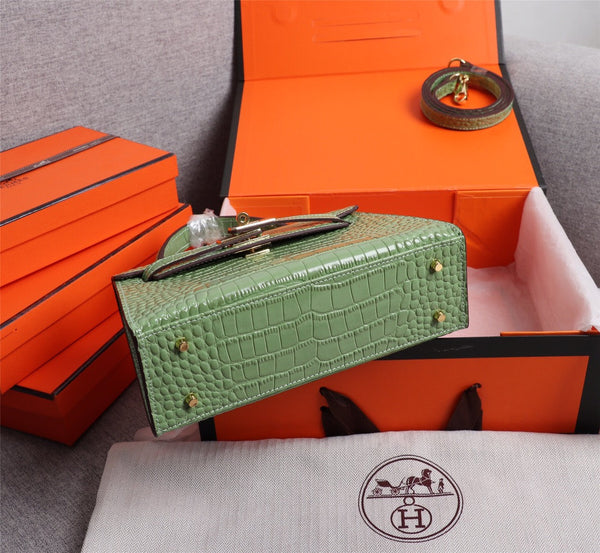 HM KELLY MINI 19 PICKLE CROCODILE EMBOSSED CALFSKIN GOLD HARDWARE