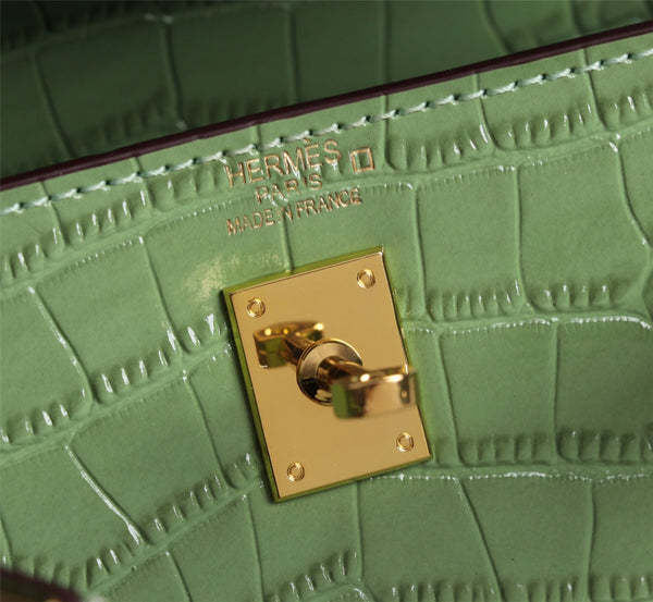 HM KELLY MINI 19 PICKLE CROCODILE EMBOSSED CALFSKIN GOLD HARDWARE