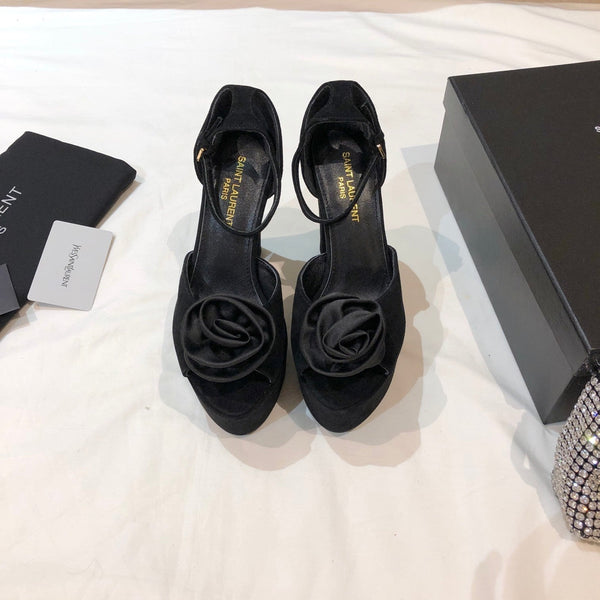 SANDALO CON PLATEAU SL IVY FLORAL 135 IN CAMOSCIO NERO