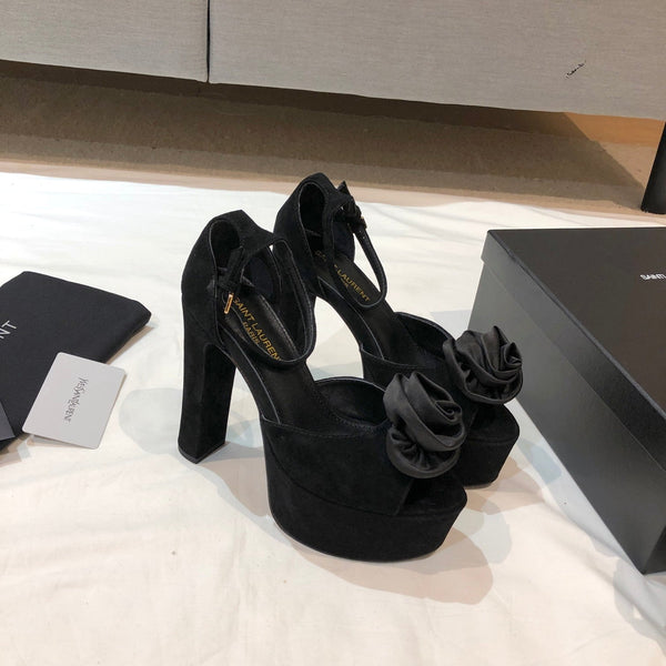 SANDALO CON PLATEAU SL IVY FLORAL 135 IN CAMOSCIO NERO