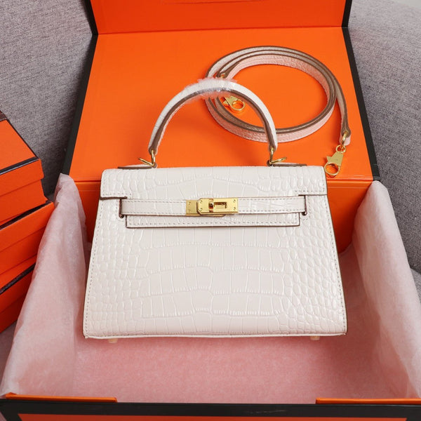 HM KELLY MINI 19 WHITE CROCODILE EMBOSSED CALFSKIN GOLD HARDWARE