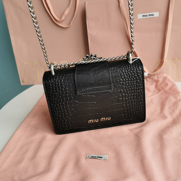 BORSA A MANO LADY 20 IN PELLE DI VITELLO NERA FANTASIA COCCODRILLO