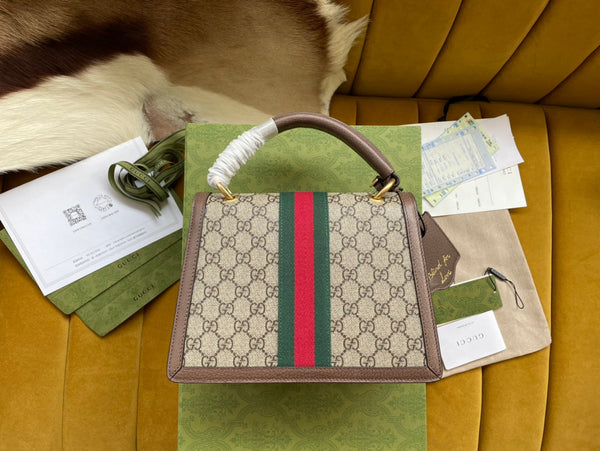 BORSA A MANO GG MINI 25 IN TELA BEIGE E PELLE DI VITELLO MARRONE
