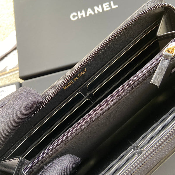 CC Gold Buckle Boy Zipper Coin Wallet Black Sheepskin 229737