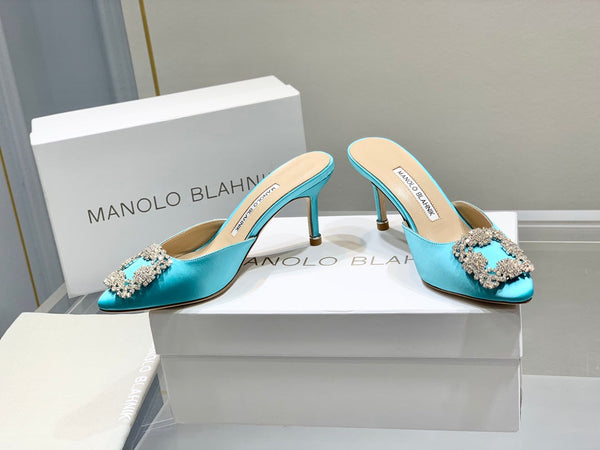 Manolo Buckle Mules 7cm Eletric Blue Silk 208017