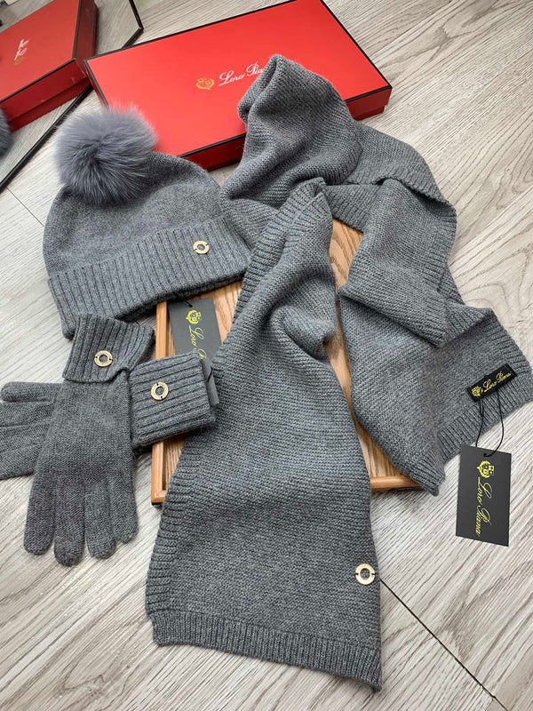 LP Hat Scarf Gloves Set Gray Knit Fur 475086