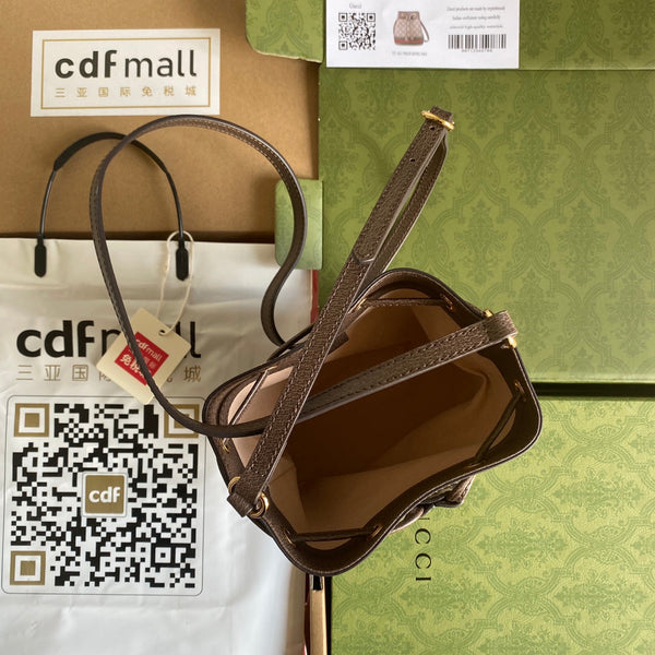 BORSA A SECCHIELLO MINI OPHIDIA 18 CON WEB IN TELA BEIGE EBANO MIX PELLE DI VITELLO MARRONE