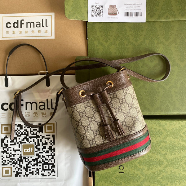 BORSA A SECCHIELLO MINI OPHIDIA 18 CON WEB IN TELA BEIGE EBANO MIX PELLE DI VITELLO MARRONE