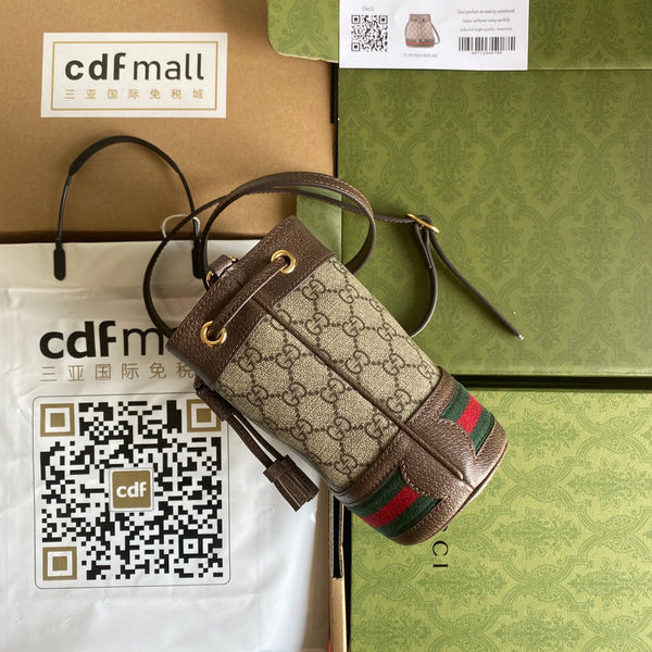 BORSA A SECCHIELLO MINI OPHIDIA 18 CON WEB IN TELA BEIGE EBANO MIX PELLE DI VITELLO MARRONE