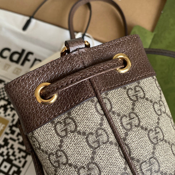 BORSA A SECCHIELLO MINI OPHIDIA 18 CON WEB IN TELA BEIGE EBANO MIX PELLE DI VITELLO MARRONE