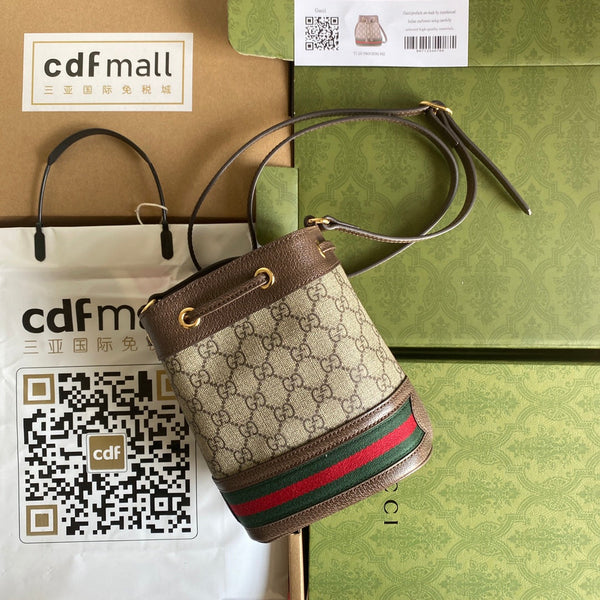 BORSA A SECCHIELLO MINI OPHIDIA 18 CON WEB IN TELA BEIGE EBANO MIX PELLE DI VITELLO MARRONE
