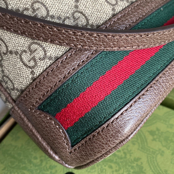 BORSA A SECCHIELLO MINI OPHIDIA 18 CON WEB IN TELA BEIGE EBANO MIX PELLE DI VITELLO MARRONE