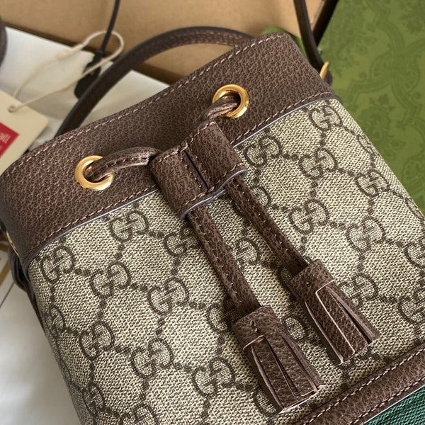 BORSA A SECCHIELLO MINI OPHIDIA 18 CON WEB IN TELA BEIGE EBANO MIX PELLE DI VITELLO MARRONE