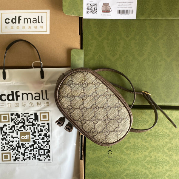 BORSA A SECCHIELLO MINI OPHIDIA 18 CON WEB IN TELA BEIGE EBANO MIX PELLE DI VITELLO MARRONE