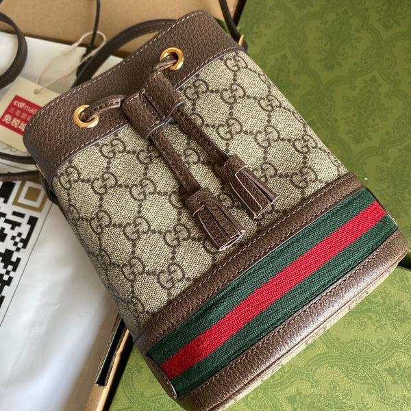 BORSA A SECCHIELLO MINI OPHIDIA 18 CON WEB IN TELA BEIGE EBANO MIX PELLE DI VITELLO MARRONE