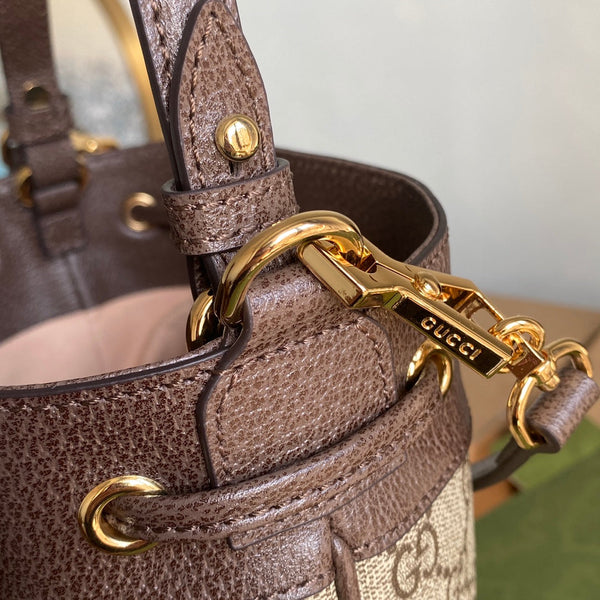BORSA A SECCHIELLO OPHIDIA MEDIA 26 CON WEB IN TELA BEIGE EBANO MIX PELLE DI VITELLO MARRONE